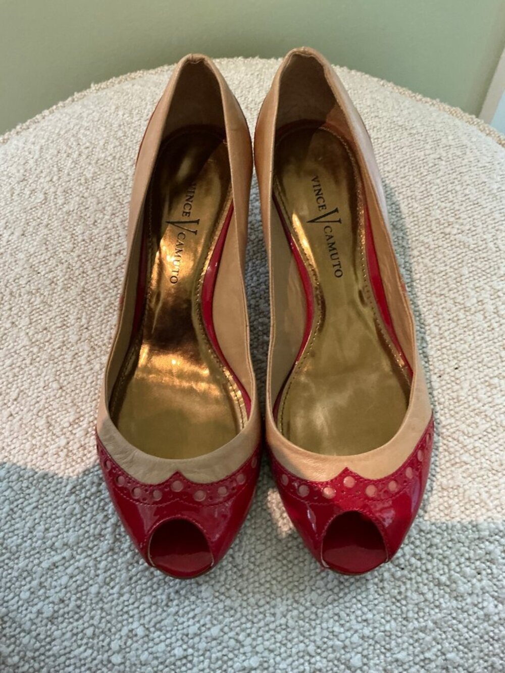 Vince Camuto Red Patent Nude Peep Toe Pumps Size 7.5B